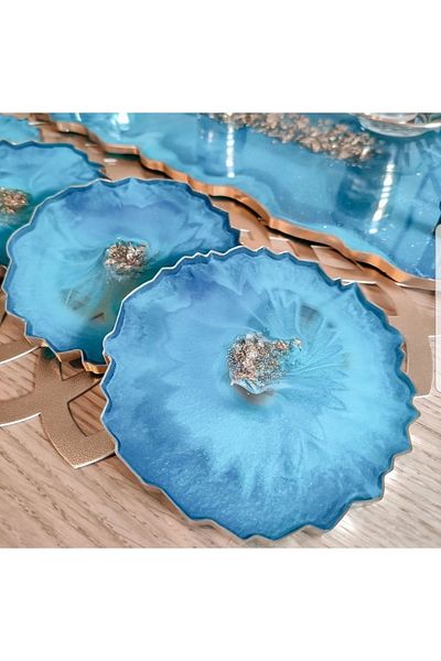 Sultan Tasarım Large Size Silver Leaf Wavy Patterned Promise Engagement Groom Epoxy Tray Coaster Set