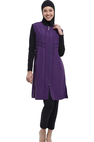 Argisa Women's Purple Micro Sleeve Piping Hijab Swimsuit