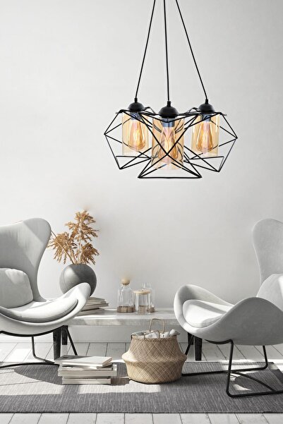 Begüsa Anita 3'lü Siyah Üçgen Camlı Avize