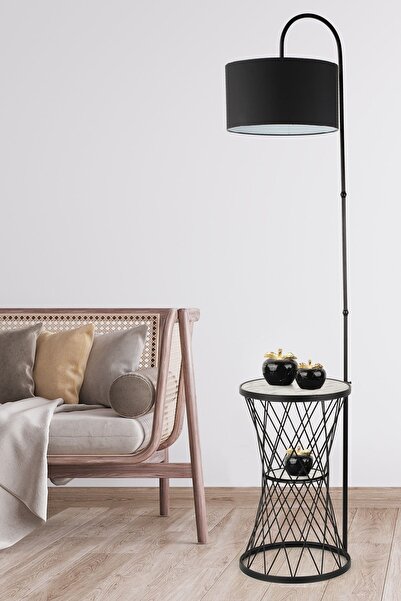 Begüsa Evsa Sehpa Lambader Siyah Mermer Ahşap Siyah Şapka