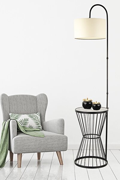 Begüsa Aytuğ Sehpa Lambader Siyah Mermer Ahşap Krem Şapka