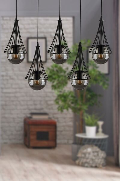 Begüsa Lapis 5.li Sıralı Avize Siyah Füme Cam