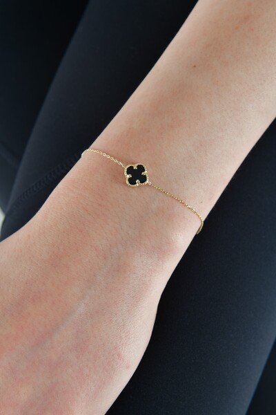 O'an Jewelry 14 Ayar Altın Oniks Taşlı Yonca Bileklik