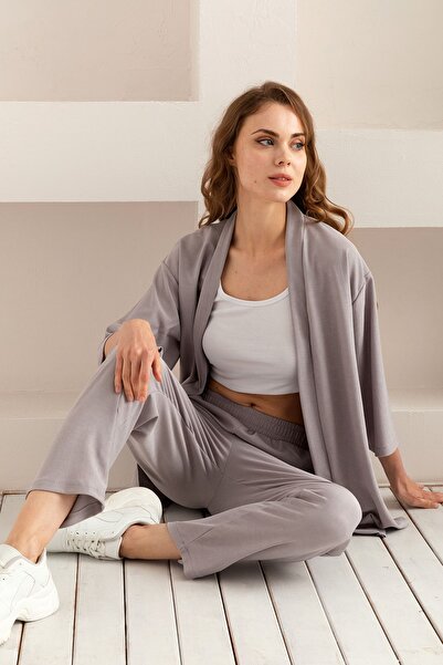 Genel Markalar Kadın Kimono Takım - Geniş Paça Keten Dokulu Alt Üst Yazlık Kadın Takım