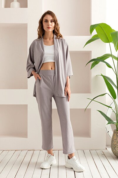Genel Markalar Kadın Kimono Takım - Geniş Paça Keten Dokulu Alt Üst Yazlık Kadın Takım