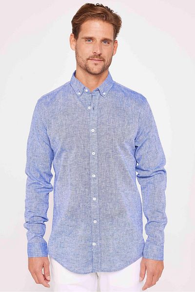 Tudors Navy Blue Linen σειρά Premium - Slim Fit Slim Fit Αθλητικό πουκάμισο, μακρυμάνικο και γιακά με κουμπί