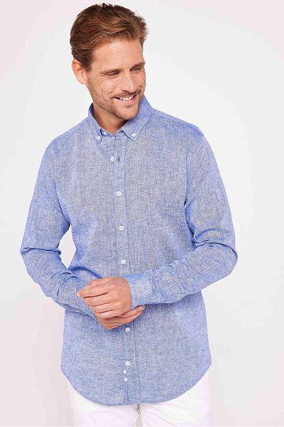 Tudors Navy Blue Linen σειρά Premium - Slim Fit Slim Fit Αθλητικό πουκάμισο, μακρυμάνικο και γιακά με κουμπί