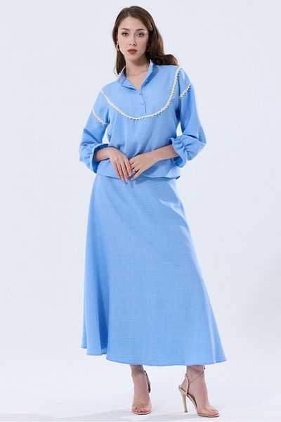 MD trend Linen Set - High Collar, Scallop Detailed Blouse and Flared Skirt