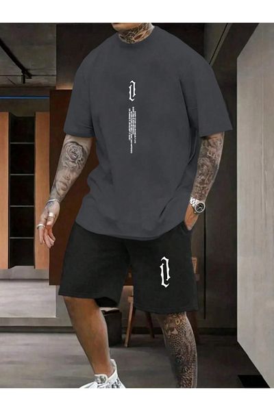 Revasser Unisex Γυναικεία/Ανδρικά Σετ μπλουζάκια με κάθετη προσαρμοσμένη στάμπα πολύχρωμα σορτς