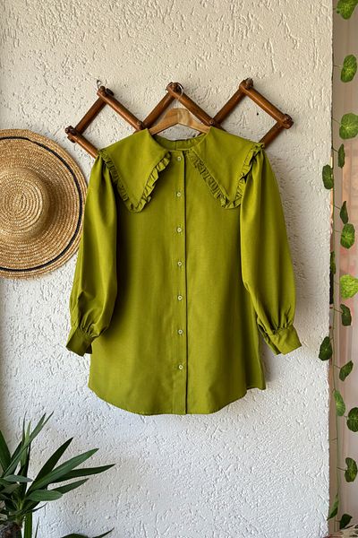 Ceylan Otantik Cămașă verde alune cu guler cu volane