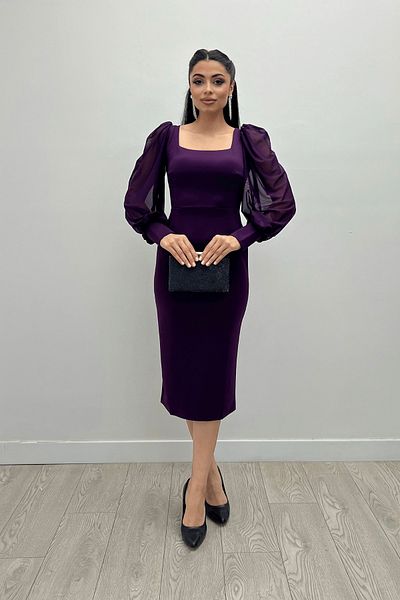 giyimmasalı Crepe Fabric Square Collar Pencil Dress - Eggplant Purple