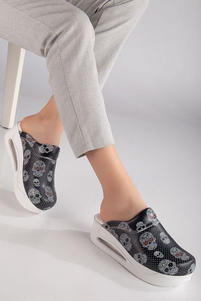 SABOTERLİK Air Sole Wedge Heels Orthopedic Hospital Nurse Women Sabo Slippers Skull