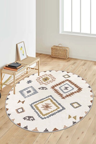 Lavita Home Dijital Baskı Yıkanabili Kaymaz Renkli Yuvarlak Salon Halısı Mutf...