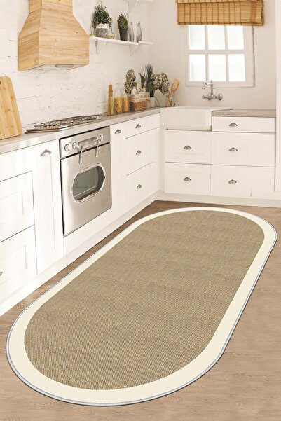 Lavita Home DİJİTAL BASKI YIKANABİLİR KAYMAZ BEJ OVAL SALON HALISI MUTFAK HAL...