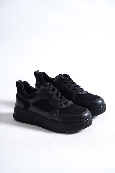 Shoesers Pantofi de damă, cu talpă groasă, cu șireturi, de culoare neagră, pantofi sport