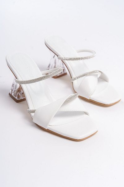 Shoesers Women's Special Design Double Banded Stone Detailed Transparent Heeled Slippers