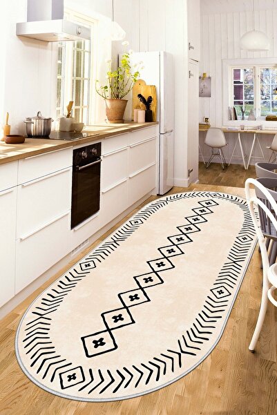 Lavita Home Dijital Baskı Yıkanabili Kaymaz Bej Oval Salon Halısı Mutfak Halı...