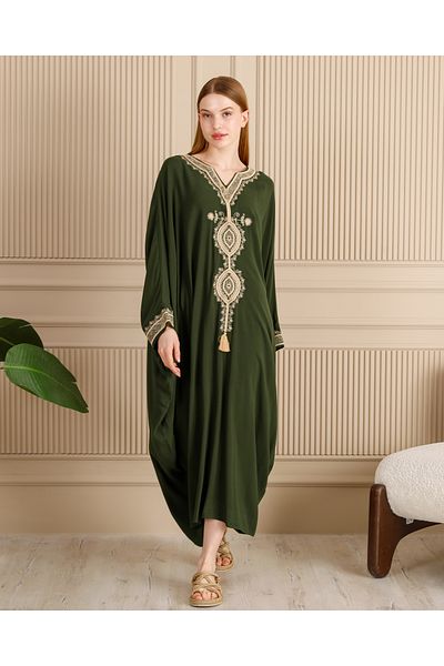 BeyzaBayram Large Size Embroidered Khaki Green Long Evening Dress - Loose Oversize