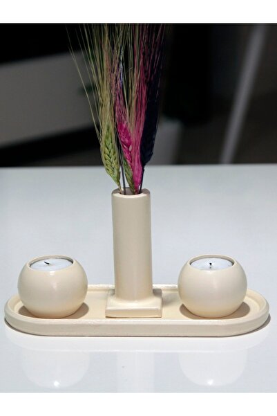 stonnish Tabaklı Mini Vazolu Mumluk Set Krem Tyc00626188163