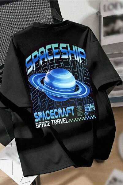 NoVibe تي شيرت أسود مطبوع عليه سفينة الفضاء للجنسين 100% قطن بأكمام قصيرة