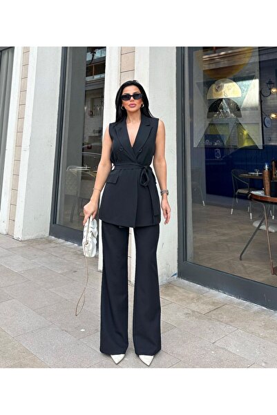 pembekurdelem Women's Belted Vest Trousers Set Black