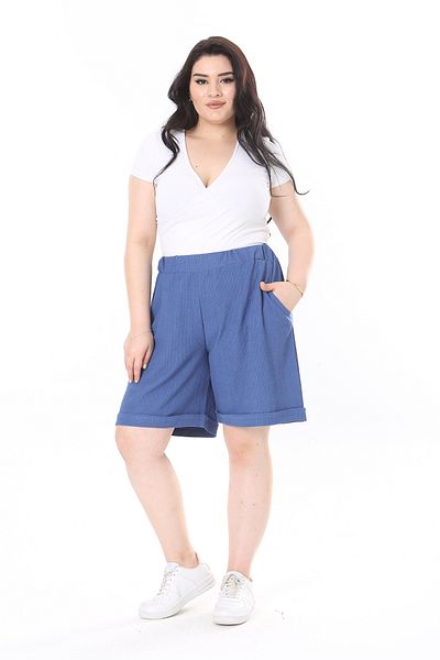 Şans Indigo Women's Shorts - Plus Size, Wrap Fabric, Elastic Waist, Side Pocket 65N37979