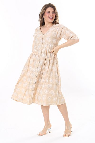 Şans Beige Large Size Short Sleeve Dress - Front Button 65N37991