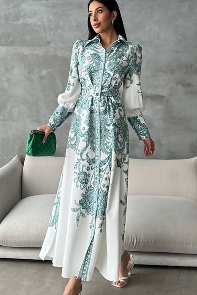 TRND Rochie lungă cu fante cu centură cu model etnic