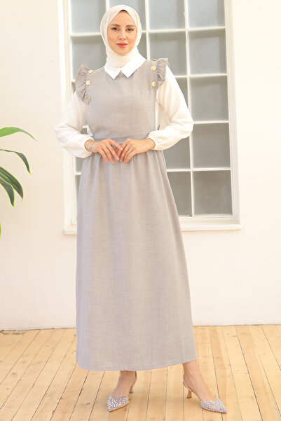 benguen Γκρι 3852 Μοντέλο Διπλό Φόρεμα - Λεπτομέρεια με κουμπιά