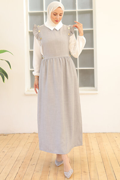 benguen Γκρι 3852 Μοντέλο Διπλό Φόρεμα - Λεπτομέρεια με κουμπιά