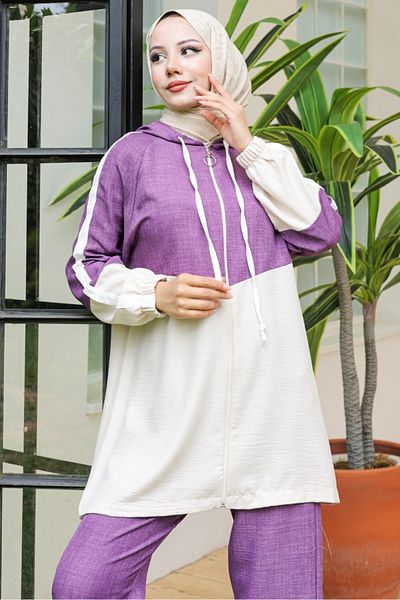 Bestenur Purple Hooded Tunic and Trousers Double Set - 932