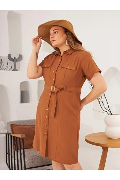 RMG Kemer Ve Cep Detaylı Düğmeli Kısa Kol Büyük Beden Elbise Kahverengi 6432