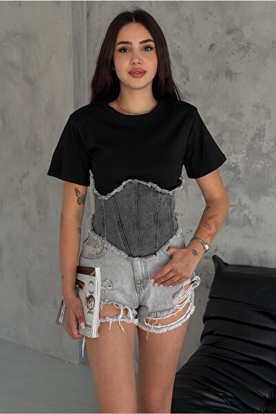 FEMELLE Dámské černé bavlněné tričko s džínovým detailem na zip na boku