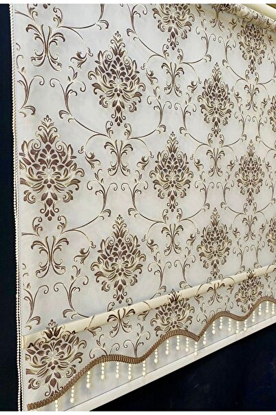 yağmur zebra Çiçekleri Kahve Renkli Çift Mekanizmalı Boncuklu Tül Ve Stor Perde