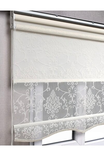 yağmur zebra Beyaz Renk Çiçekleri Gri Sim Detaylı Stor Ve Tül Perde Çift Meka...
