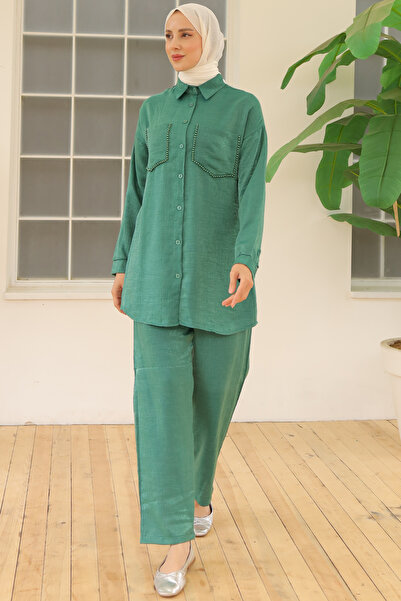 benguen 3985 Μοντέλο Emerald Green Διπλό Σετ - Λεπτομερείς τσέπες με χάντρες