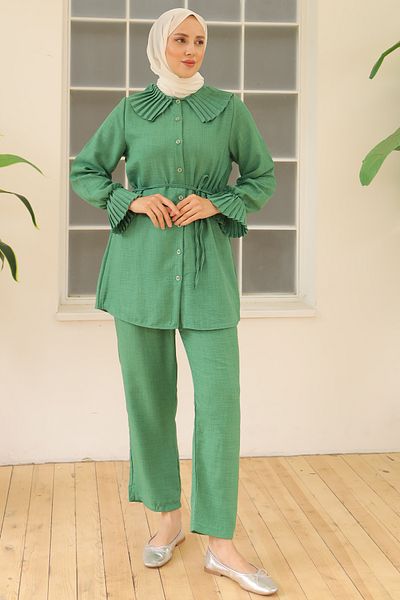 benguen Green Linen Set - 4044 Model, Collar and Sleeves with Pleats