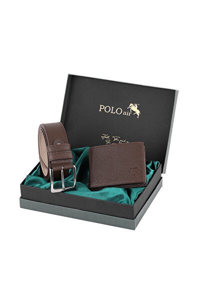 Polo Air Logolu Klasik Erkek Cüzdan Kemer Seti Kahverengi Kombin  M-17-K