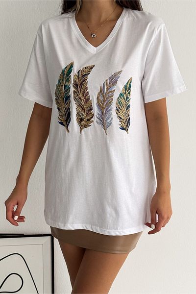 FEMELLE Tricou alb pentru damă, cu decolteu în V, cu paiete, 100% bumbac
