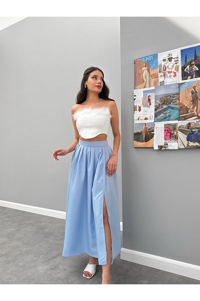 ESRAHELVACI Blue Skirt with Pleated Waist Band