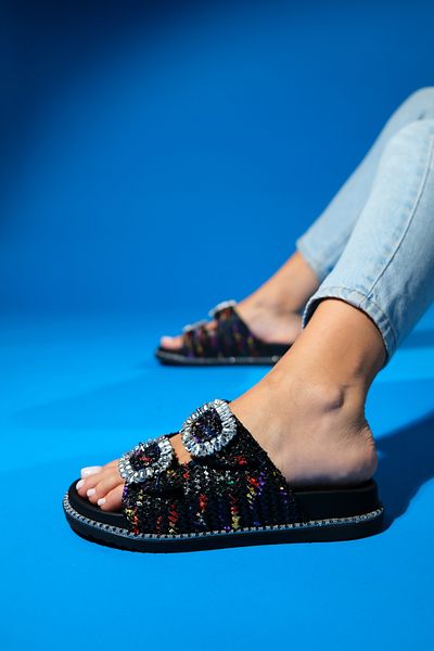 LuviShoes Papuci DUNGEON din tweed negru pentru femei - cu benzi duble și cataramă cu pietre prețioase
