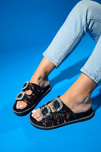 LuviShoes Papuci DUNGEON din tweed negru pentru femei - cu benzi duble și cataramă cu pietre prețioase