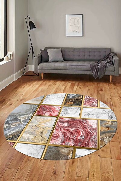 EY HOME سجادة غرفة معيشة دائرية قابلة للغسل بتصميم أنيق ونمط رخامي وقاعدة رقم...