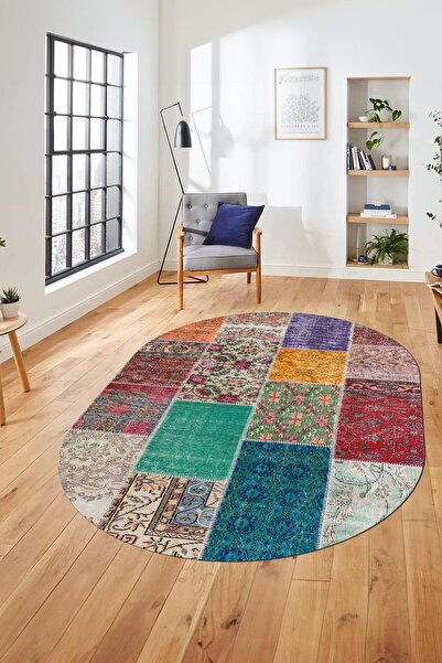 EY HOME Baskılı Kaymaz Taban Yıkanabilir Patchwork Desen Oval Yolluk Salon Ha...