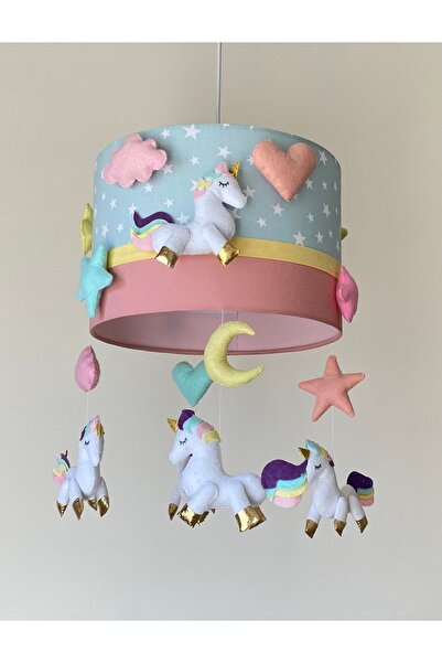 atölye ay ışığı Mint Yıldızlı Pudra Beyaz Unicorn Figürlü Kız Bebek Odası Özel Tasarım Avize