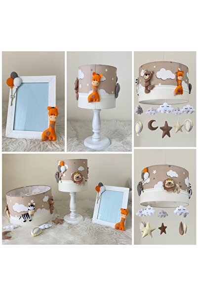 atölye ay ışığı Kahve Bulutlu Krem Renk Erkek Veya Kız Bebek Avize Abajur Çerçeve Seti