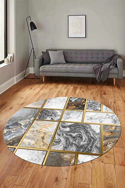 EY HOME سجادة غرفة معيشة دائرية قابلة للغسل بتصميم أنيق ونمط رخامي وقاعدة رقم...