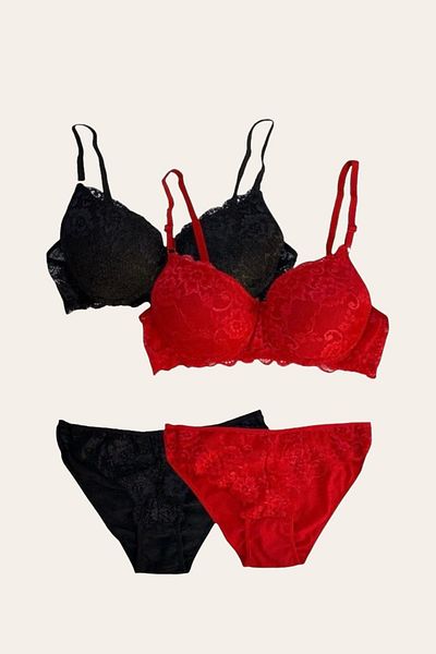 MODALADY Women's Red Black 2-Pack Padded Underwire Bra Set