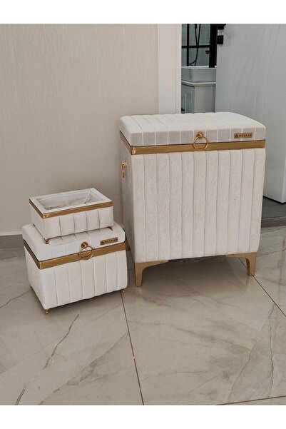 Genel Markalar 3 Parça Dikdörtgen Krem Renk Altın Şeritli Modern Kadife Banyo...