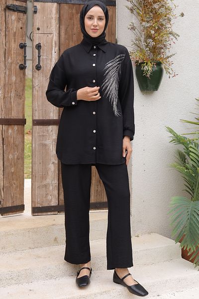 benguen Black Linen Set - 3870 Leaf Stone Detailed
